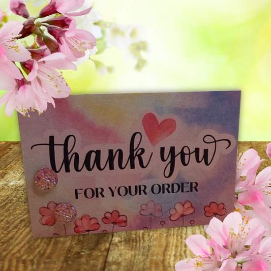 Watercolor Floral - Thank You For Your Order Card with 8mm Pink Imitation Druzy Earrings