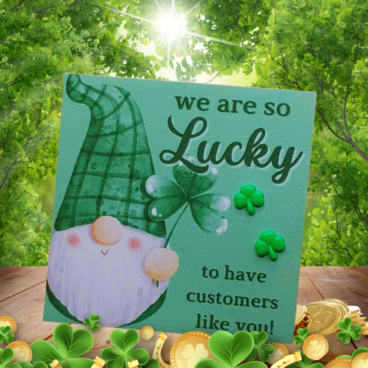 We Are So Lucky to Have Customers Like You Card with 5mm Plastic Shamrock Earrings