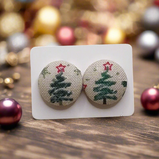 Whimsical Christmas Trees Fabric Button Earrings (16mm)
