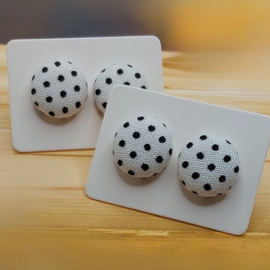 White & Black Polka Dot Fabric Button Stud Earrings (13mm)