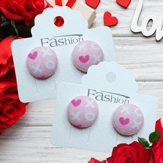 XOXO Pink Fabric Button Stud Earrings (16mm)