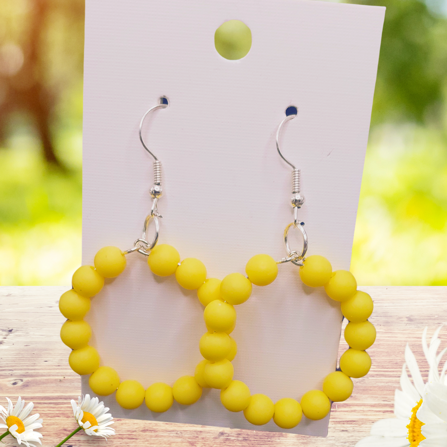 Yellow Beaded Hoop Dangle Earrings