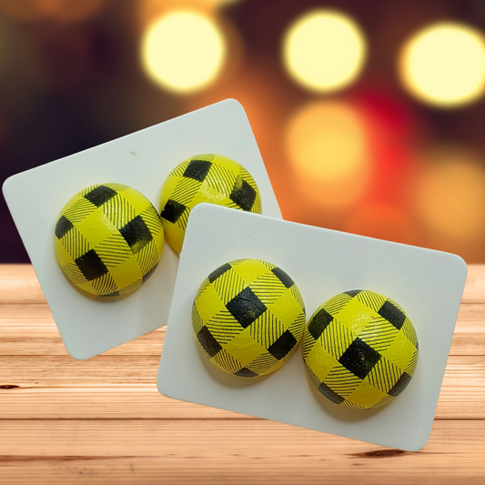 Yellow & Black Plaid Wood Stud Earrings (15mm)