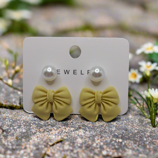 Yellow Bows & Pearls Earrings