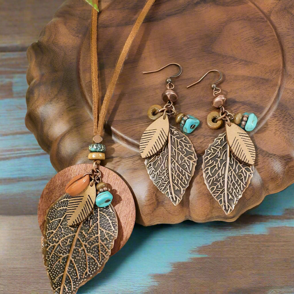 Bohemian Style Leaf & Wood Necklace & Earring Set