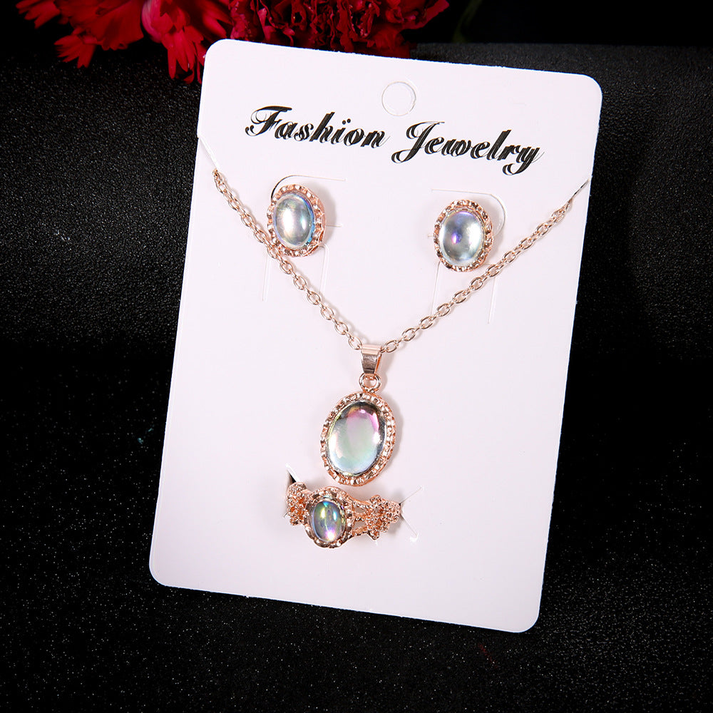 Imitation Moonstone Pendant Necklace, Earrings & Ring Set