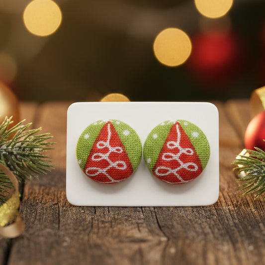 Merry Little Christmas Trees Fabric Button Earrings (16mm)