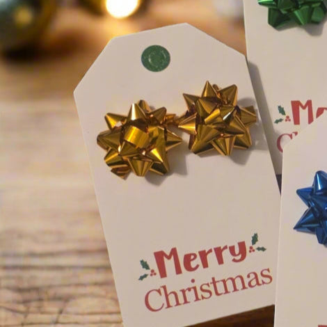 Merry Christmas Gift Tag with 24mm Gold Gift Bow Earrings