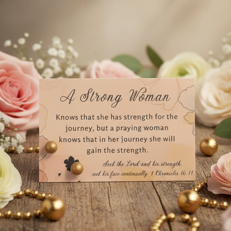 A Strong Woman Card with 6mm Gold Frosted Ball Stud Earrings