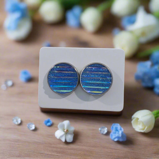 Blue Sparkle & Stripes Earrings (14mm)