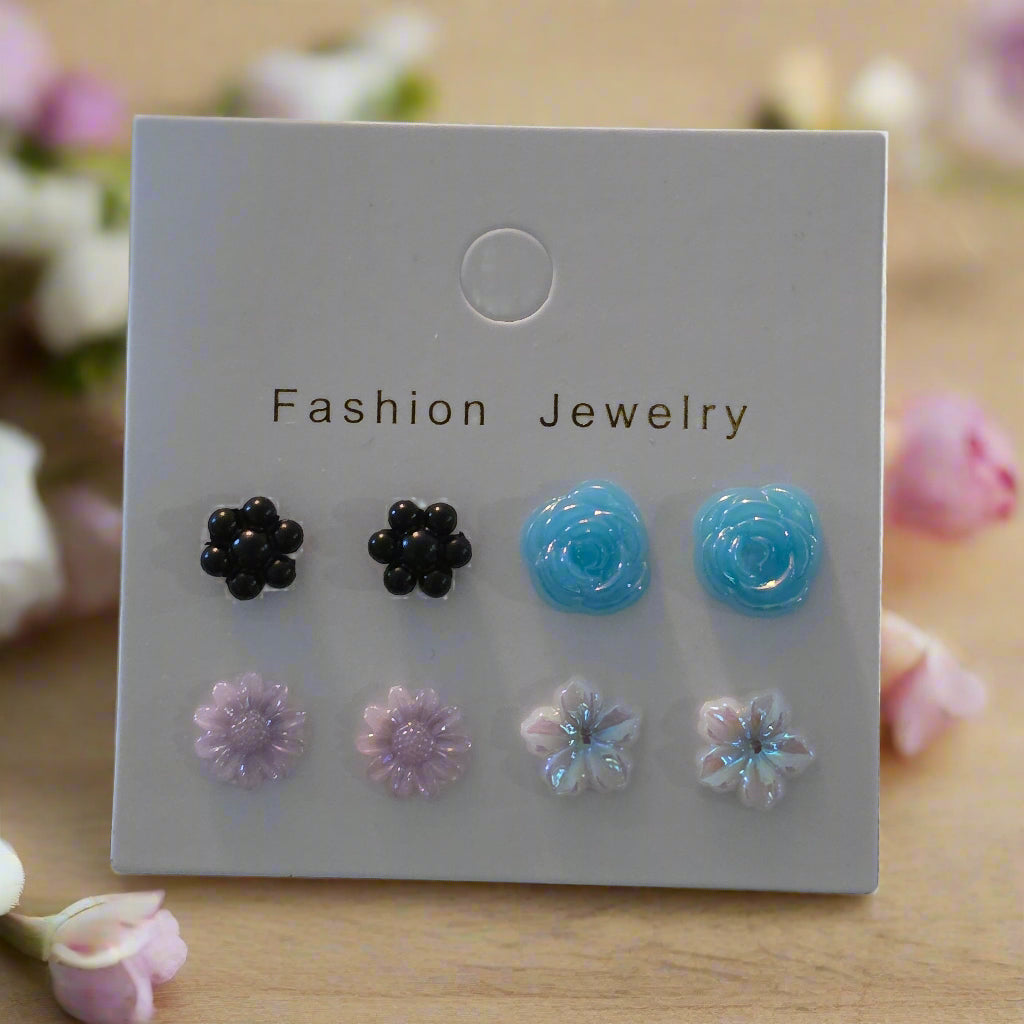 Assorted Flower Earrings - 4 Pair Set