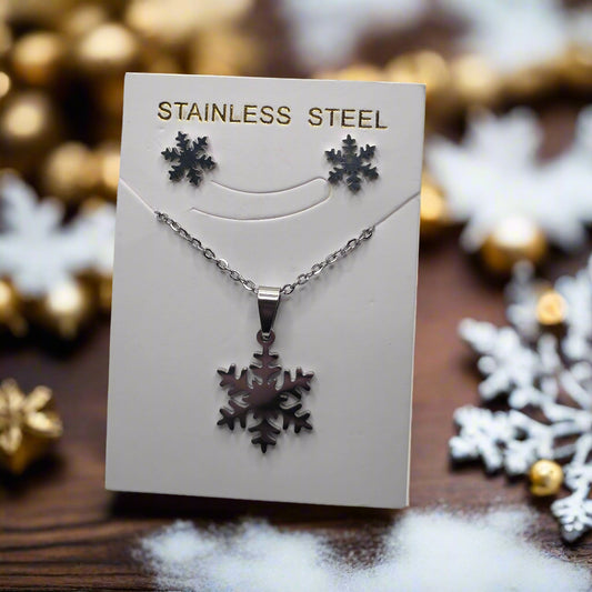 Stainless Steel Snowflake Necklace & Earring Set