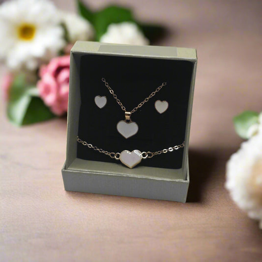 White Heart Necklace, Bracelet & Earring Set