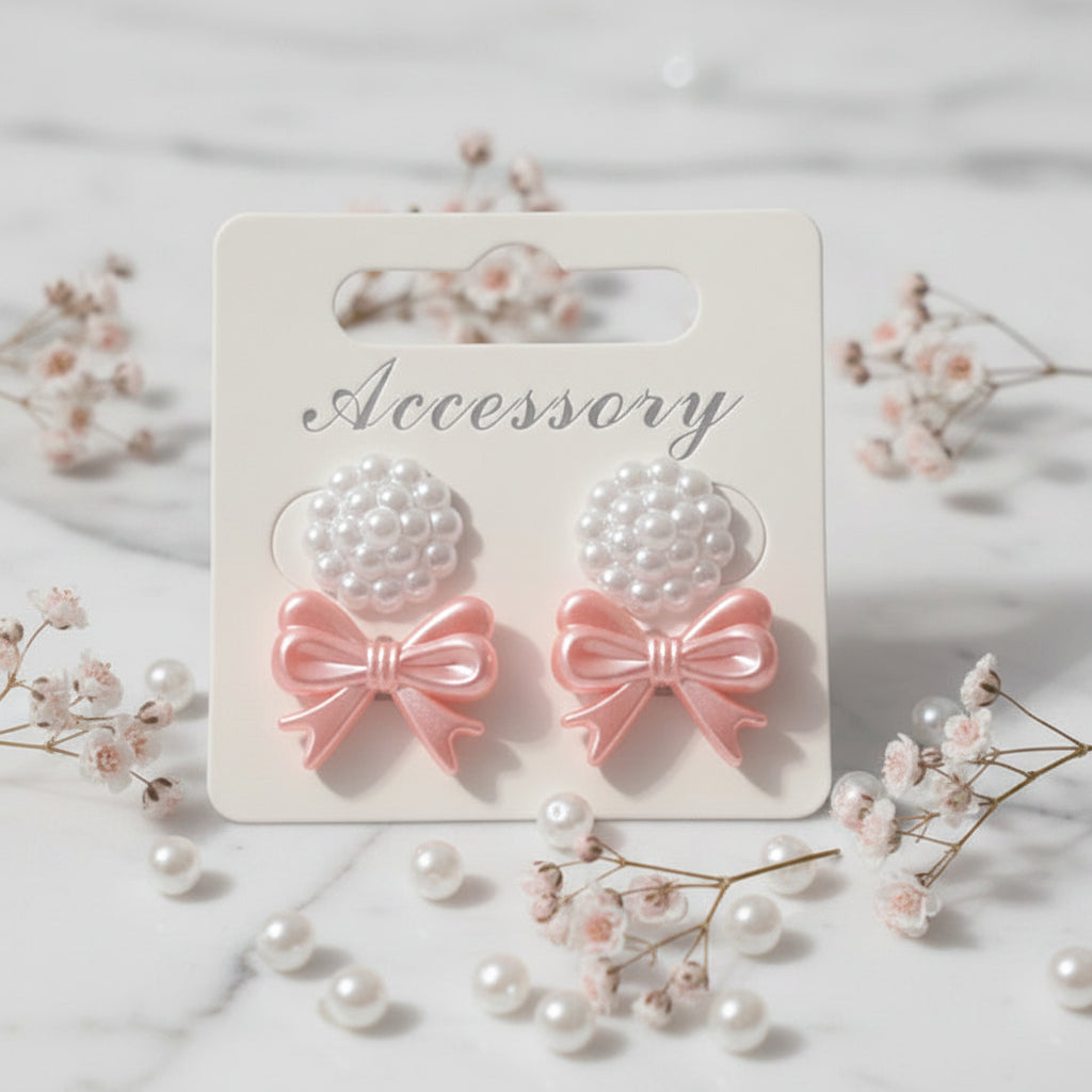 13mm Pearly Flower & Pink Bead Bow Earring Set