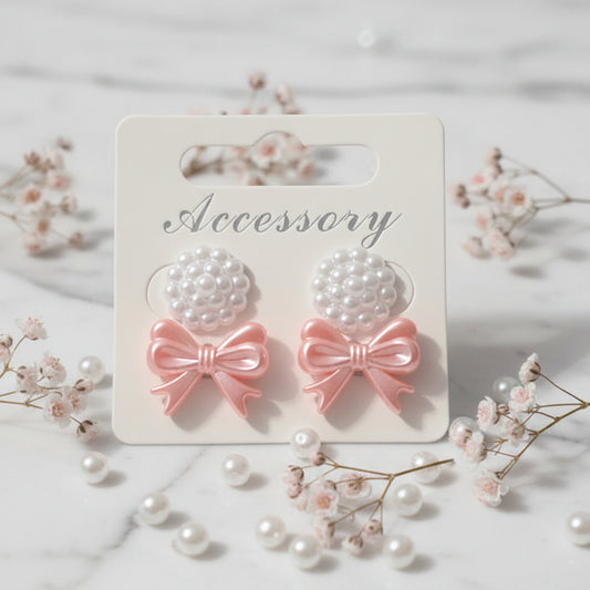 13mm Pearly Flower & Pink Bead Bow Earring Set