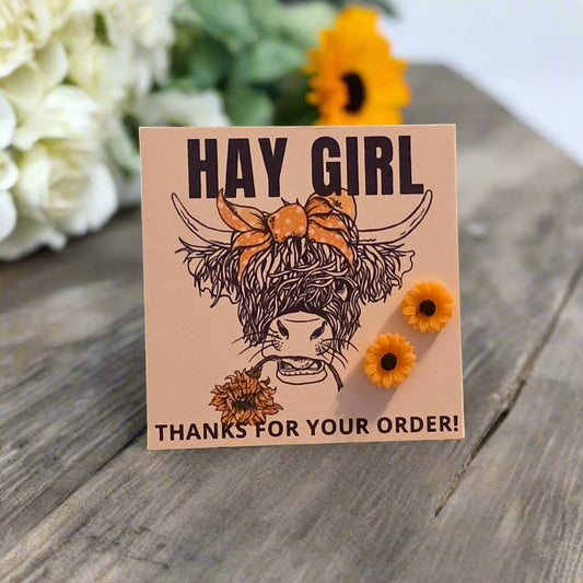Hay Girl - Thanks for Your Order Card with 8mm Sunflower Earrings