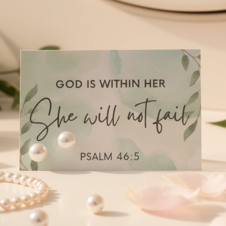 God is Within Her Card with 8mm Imitation Pearl Earrings