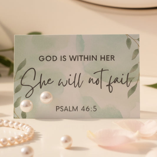 God is Within Her Card with 8mm Imitation Pearl Earrings