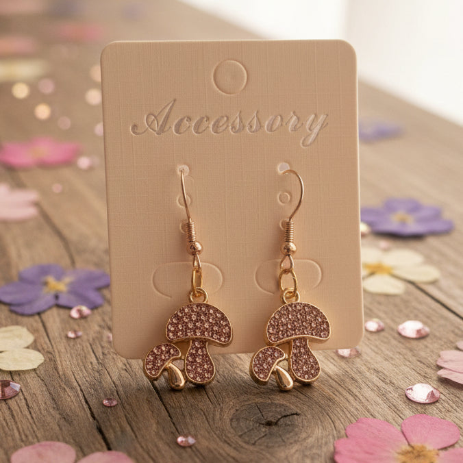 Pink Rhinestone Mushroom Dangle Earrings