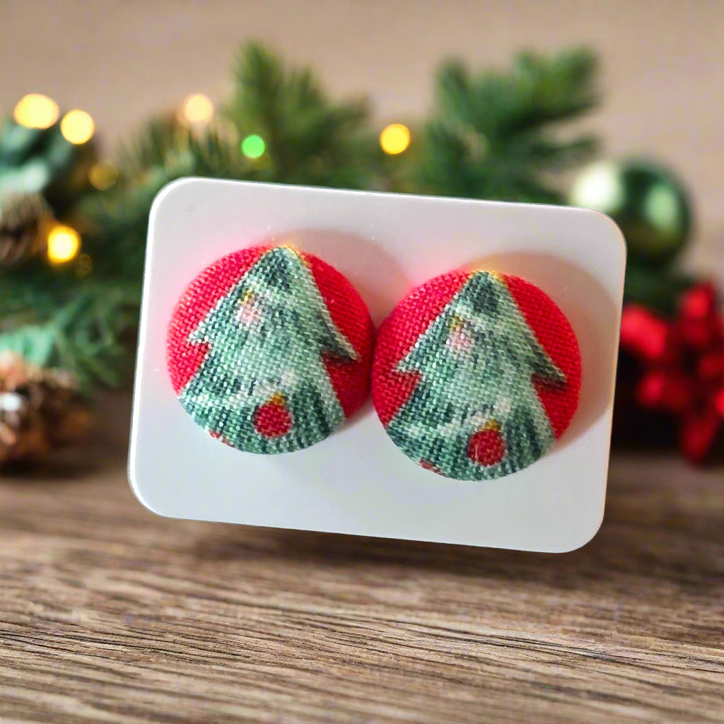 Holiday Cheer Christmas Trees Fabric Button Earrings (16mm)