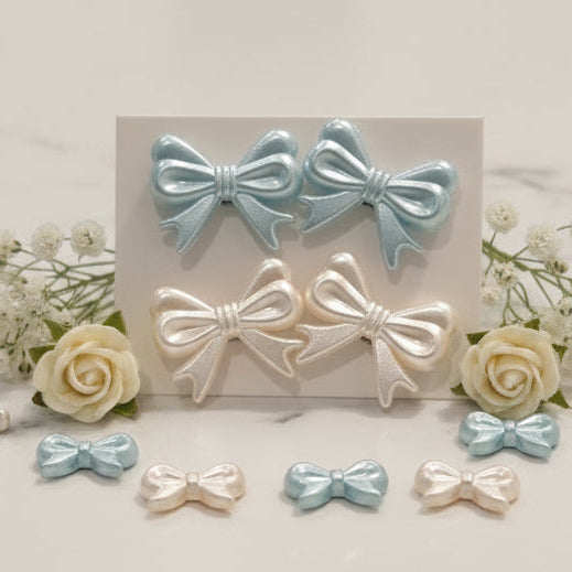 Blue & White Pearly Bead Bow Earring Set