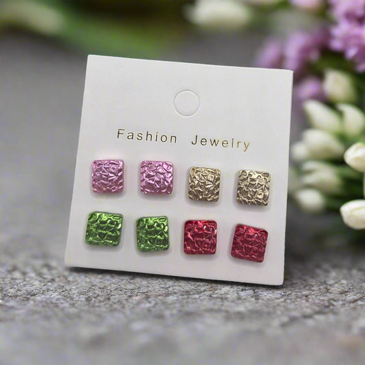 Pearlescent Textured Square 4 pair Earring Set (12mm)
