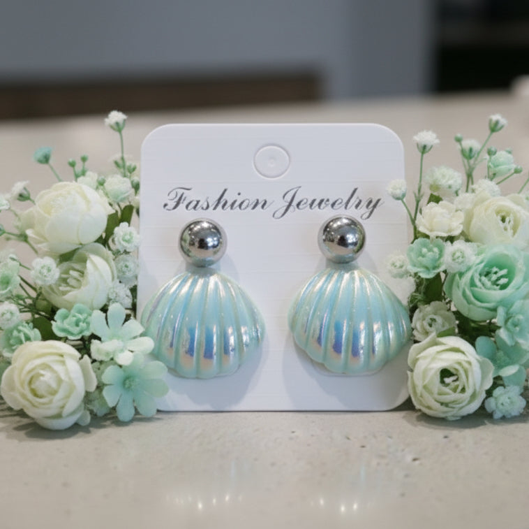 Pearlized Aquamarine Shell & Silver Ball Stud Earring Set