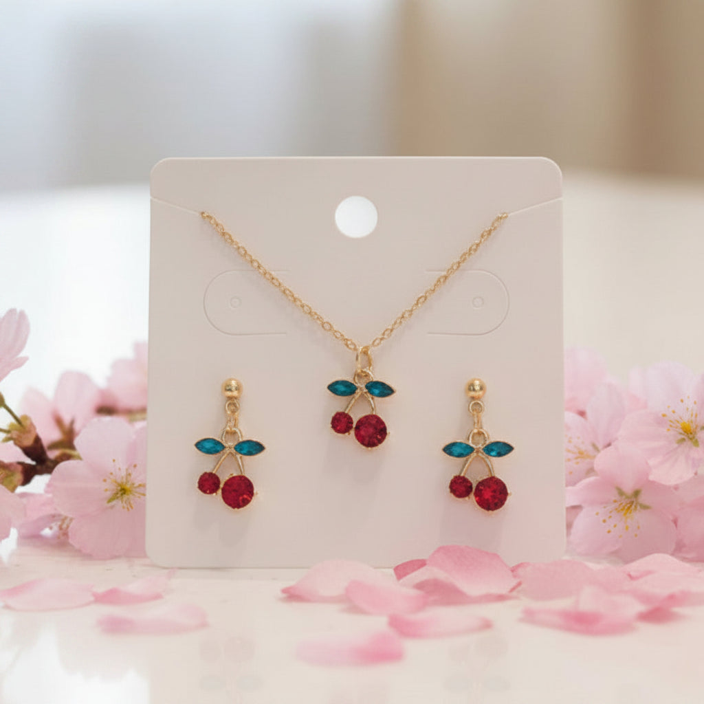Rhinestone Cherry Necklace & Earring Set