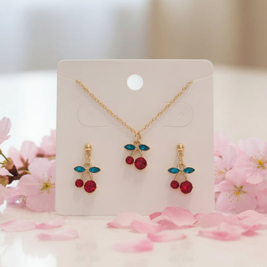Rhinestone Cherry Necklace & Earring Set