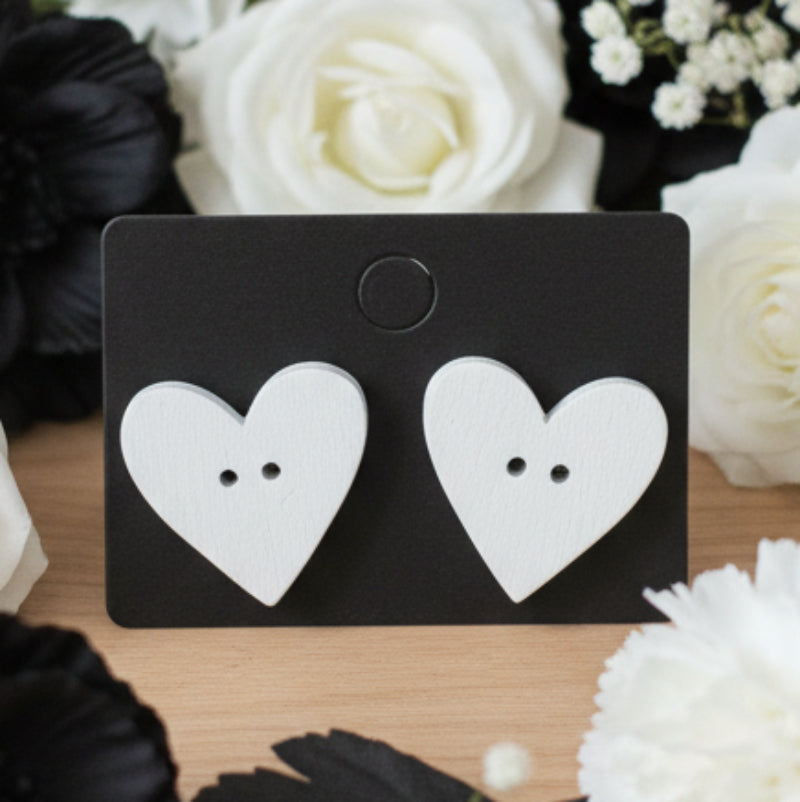 White Wood Heart Button Earrings (19mm)
