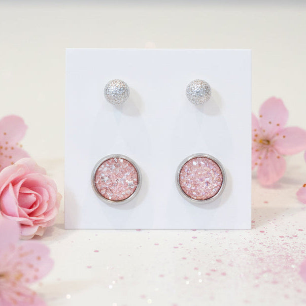 10mm Pink Imitation Druzy & 5mm Frosted Silver Ball Stud Earring Set