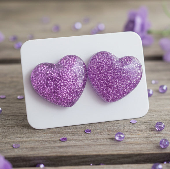 Purple Glittery Heart Earrings (16mm)