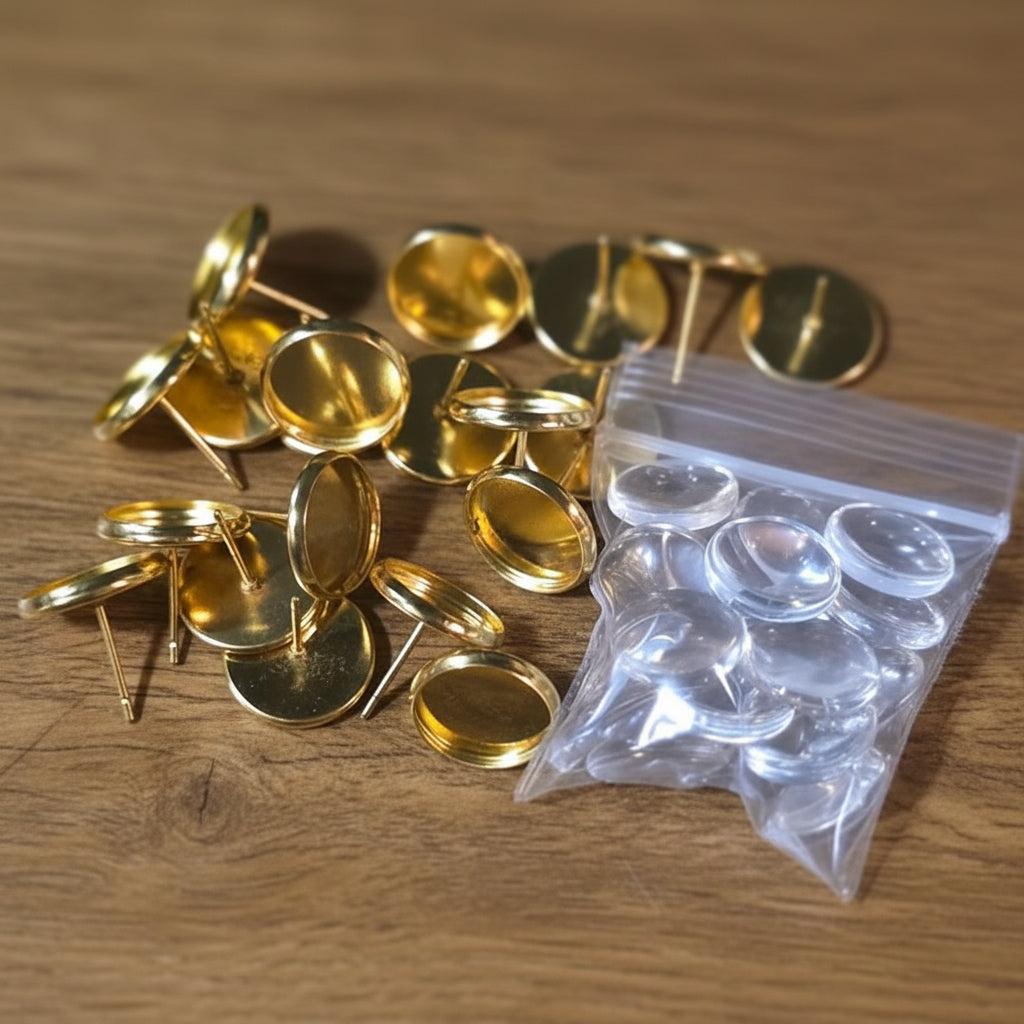 14mm Gold Cabochon Settings with Glass, 10 pair (40 pieces total)