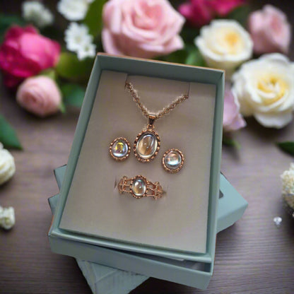 Imitation Moonstone Pendant Necklace, Earrings & Ring Set