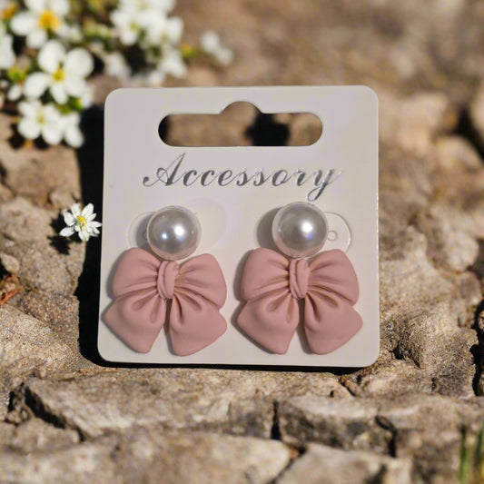 Dusty Rose Bows & Pearls Earrings