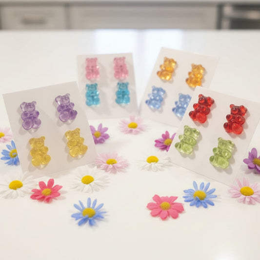 12mm Candy Colored Bear Earrings, 2 Pair Set