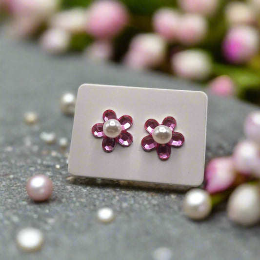Pink Flowers & Pearls Earrings (11mm)