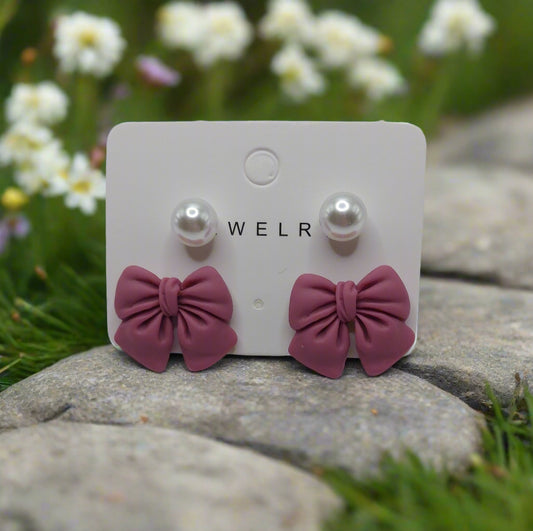Mauve Bows & Pearls Earrings