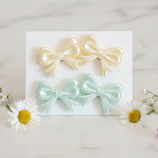 Yellow & Green Pearly Bead Bow Earring Set