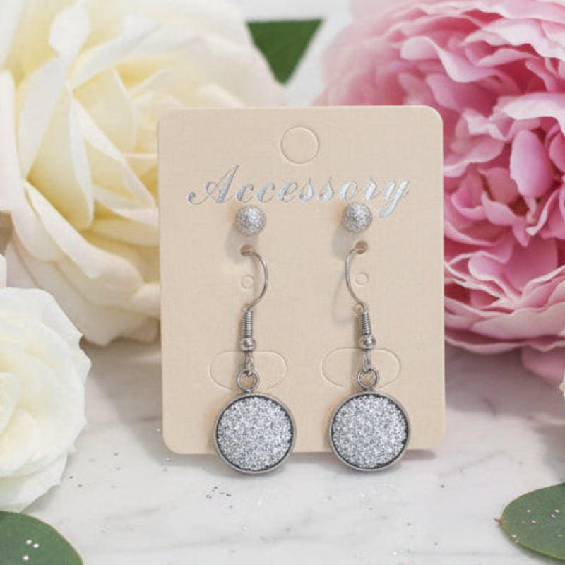 14mm Silver Imitation Druzy Dangle & 5mm Frosted Silver Ball Stud Earrings
