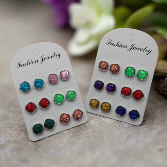 12mm Square Imitation Gemstone Earrings (6 pair set)