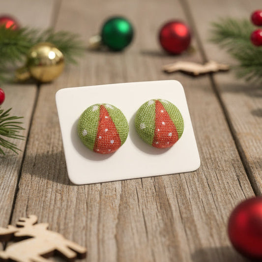 Merry Little Christmas Pin Dot Trees Fabric Button Earrings (13mm)