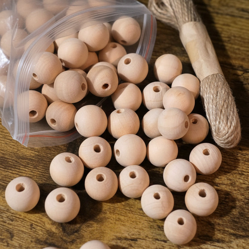 140+ 18mm Wood Beads with String