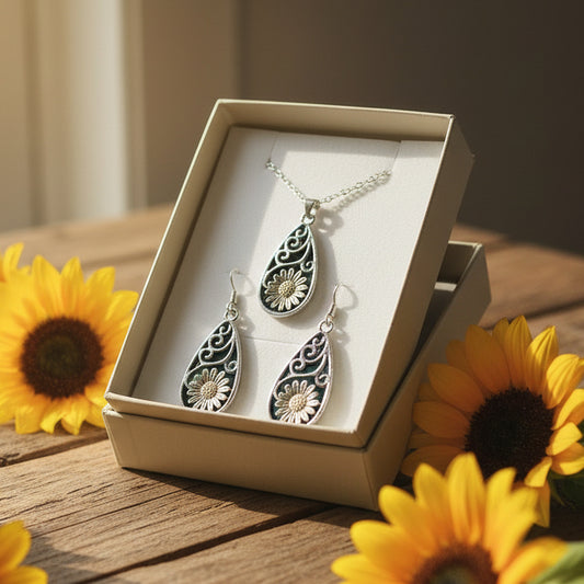 Teardrop Sunflower Pattern Necklace & Earrings