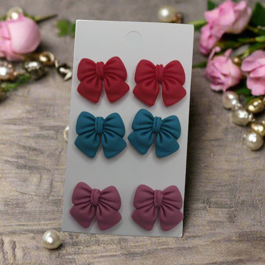 Bow Earring Set (Red, Teal, Mauve)