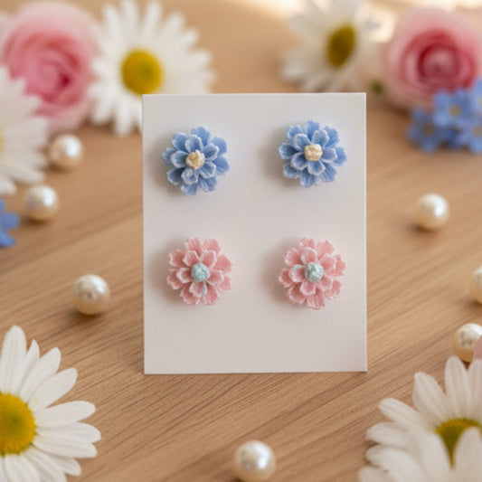 Light Blue & Pink 9mm Pearly Flower Earring Set