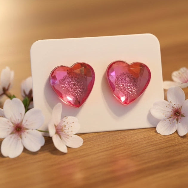 Hot Pink Imitation Gemstone Heart Earrings (12mm)