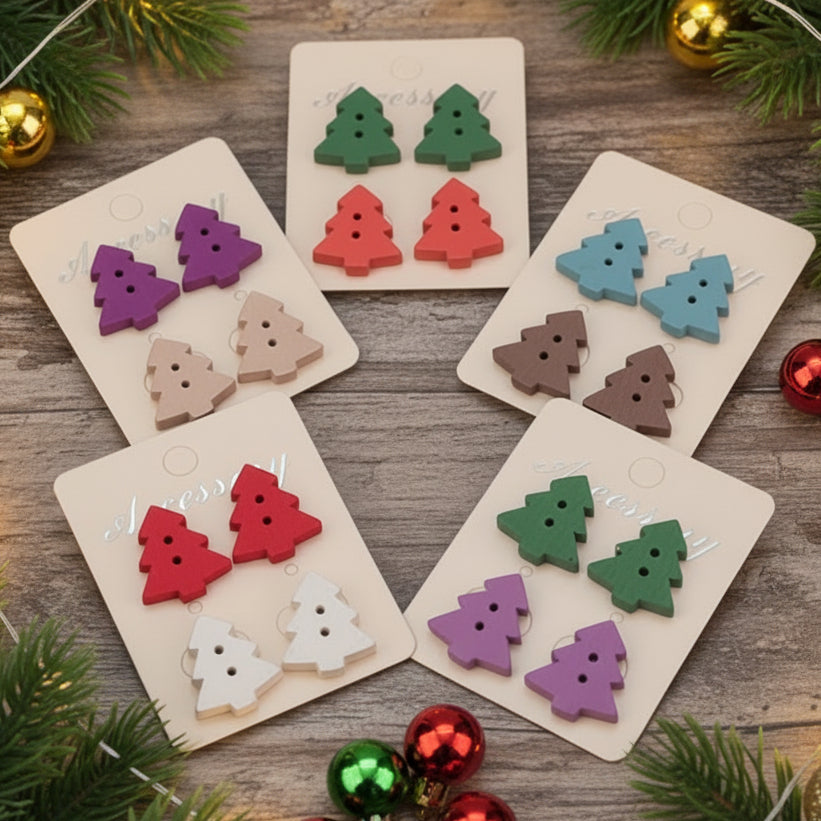 Wood Button Christmas Tree Earring Set