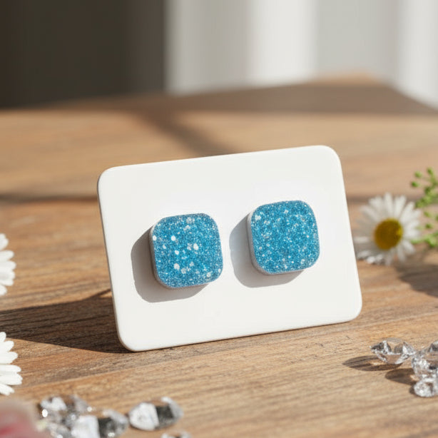 Blue Square Imitation Druzy Earrings (9mm)