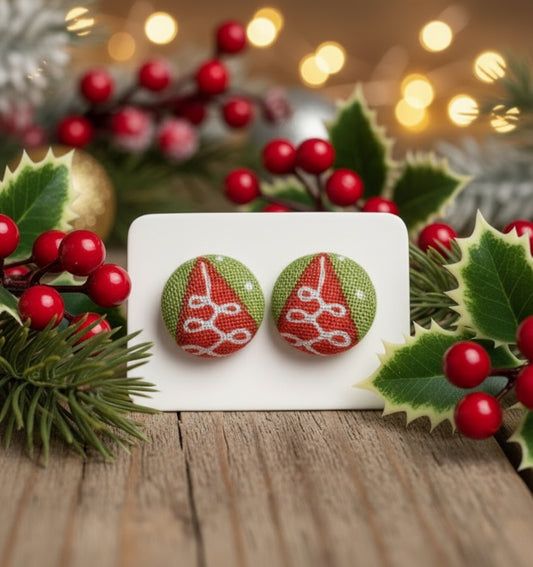 Merry Little Christmas Trees Fabric Button Earrings (13mm)